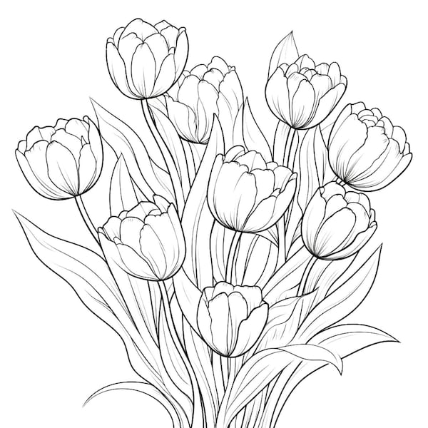 80 Floral Coloring Pages 8x10 PDF - Violets - Peonies - Roses - Tulips - Orchids - Instant Download - Print and Share - Gift - Craft