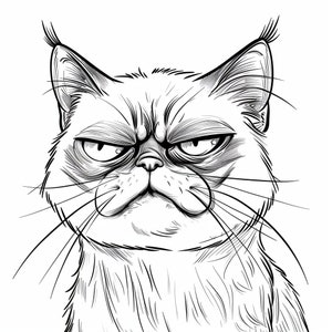 May include: A black and white line drawing of a grumpy cat with furrowed brows and a stern expression. The cat's whiskers are visible and its fur is depicted with fine lines.