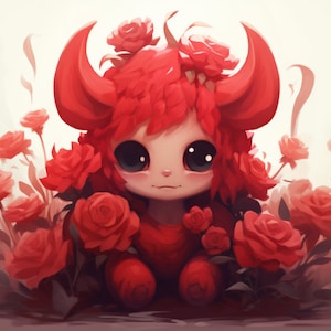 May include: A red, cartoon-style creature with horns and large eyes sits in a bed of red roses. The creature has a soft, fuzzy appearance and a gentle expression.