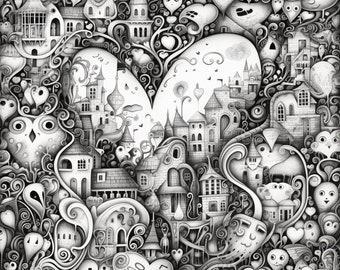 Páginas para colorear de San Valentín de DeepDream: 15 diseños con temática de amor (Descarga digital)