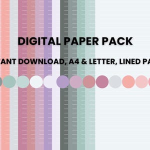 Puede incluir: Paquete de papel digital con una variedad de colores pastel, incluyendo rosa, melocotón, lavanda y verde. El texto "DIGITAL PAPER PACK" se muestra encima de "INSTANT DOWNLOAD, A4 & LETTER, LINED PAPER". Una fila de círculos de colores en la parte inferior.