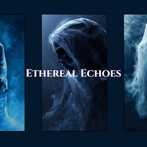 May include: Three ghostly figures in a blue and white ethereal mist. The figures are shrouded in a veil of smoke and appear to be floating. The text "ETHEREAL ECHOES" is written in white letters across the middle of the image.
