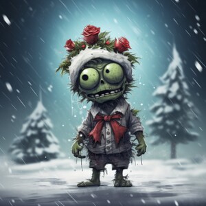 May include: A green zombie-like creature wearing a white Santa hat with a red bow tie and a wreath of holly and red roses on its head. The creature is standing in a snowy forest.