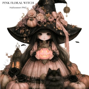 Puede incluir: Una ilustración digital de un personaje con un gran sombrero de bruja negro adornado con rosas rosas y calabazas, sosteniendo una calabaza rosa brillante. El personaje viste un vestido rosa con encaje negro y está junto a un gato negro.