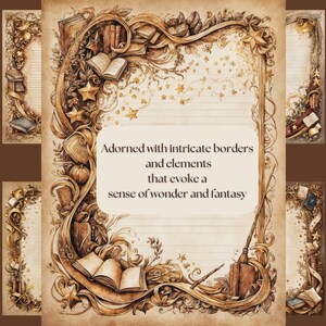 Each page is adorned with flourishes, foliage, stars, books, wands, swoops, and curvatures that transport you to a fantasy realm.
Gold Accents: A range of faded browns blends with radiant gold details, creating a sense of mystique and elegance.