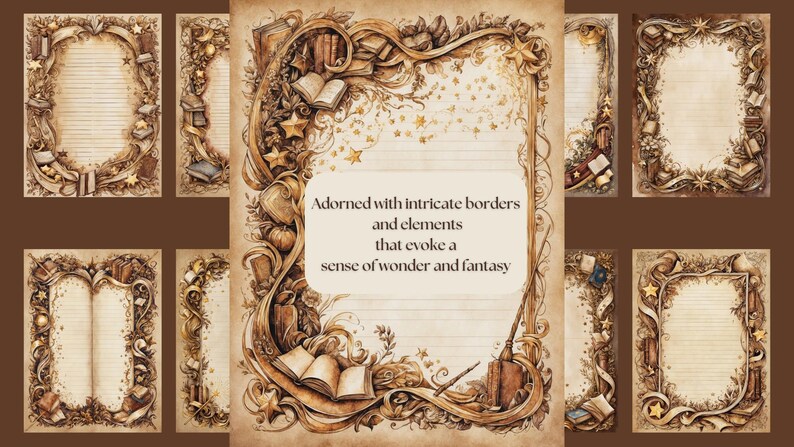Each page is adorned with flourishes, foliage, stars, books, wands, swoops, and curvatures that transport you to a fantasy realm.
Gold Accents: A range of faded browns blends with radiant gold details, creating a sense of mystique and elegance.