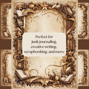 Each page is adorned with flourishes, foliage, stars, books, wands, swoops, and curvatures that transport you to a fantasy realm.
Gold Accents: A range of faded browns blends with radiant gold details, creating a sense of mystique and elegance.