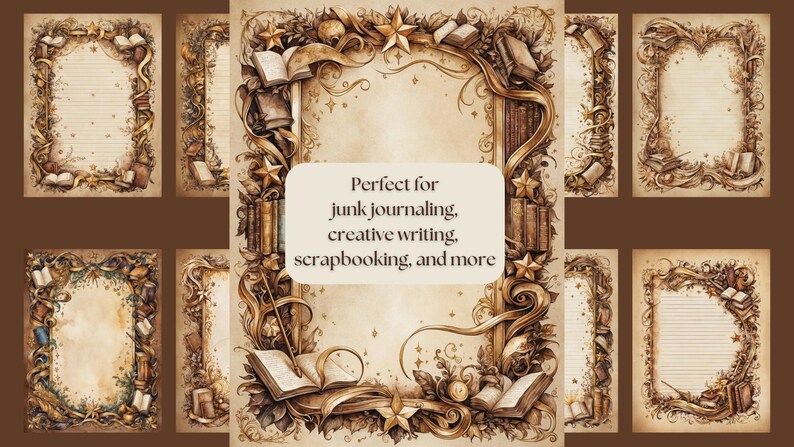 Each page is adorned with flourishes, foliage, stars, books, wands, swoops, and curvatures that transport you to a fantasy realm.
Gold Accents: A range of faded browns blends with radiant gold details, creating a sense of mystique and elegance.