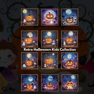 May include: A collection of nine retro Halloween-themed illustrations featuring children dressed in costumes and pumpkins. The illustrations are set against a dark blue background with a full moon and stars.