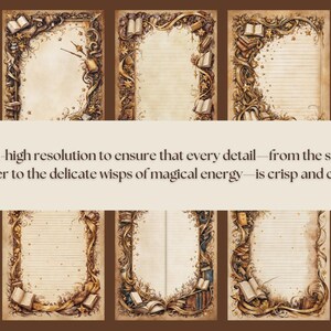 Each page is adorned with flourishes, foliage, stars, books, wands, swoops, and curvatures that transport you to a fantasy realm.
Gold Accents: A range of faded browns blends with radiant gold details, creating a sense of mystique and elegance.