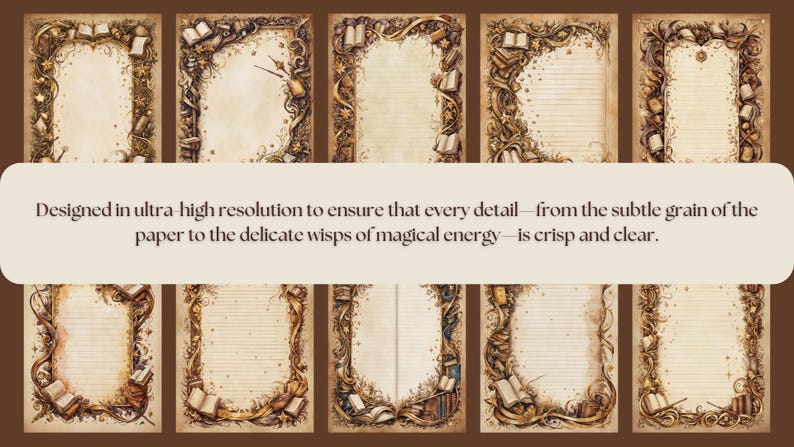 Each page is adorned with flourishes, foliage, stars, books, wands, swoops, and curvatures that transport you to a fantasy realm.
Gold Accents: A range of faded browns blends with radiant gold details, creating a sense of mystique and elegance.