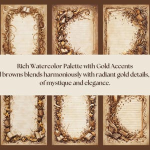 Each page is adorned with flourishes, foliage, stars, books, wands, swoops, and curvatures that transport you to a fantasy realm.
Gold Accents: A range of faded browns blends with radiant gold details, creating a sense of mystique and elegance.