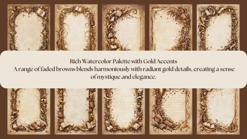 Each page is adorned with flourishes, foliage, stars, books, wands, swoops, and curvatures that transport you to a fantasy realm.
Gold Accents: A range of faded browns blends with radiant gold details, creating a sense of mystique and elegance.