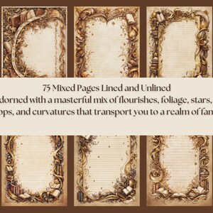 Each page is adorned with flourishes, foliage, stars, books, wands, swoops, and curvatures that transport you to a fantasy realm.
Gold Accents: A range of faded browns blends with radiant gold details, creating a sense of mystique and elegance.