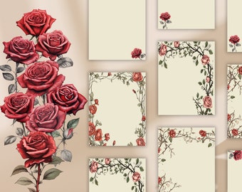 Elegant Rose Stationery Set: Hand-Drawn Floral Design (Printable PDF & PNG)
