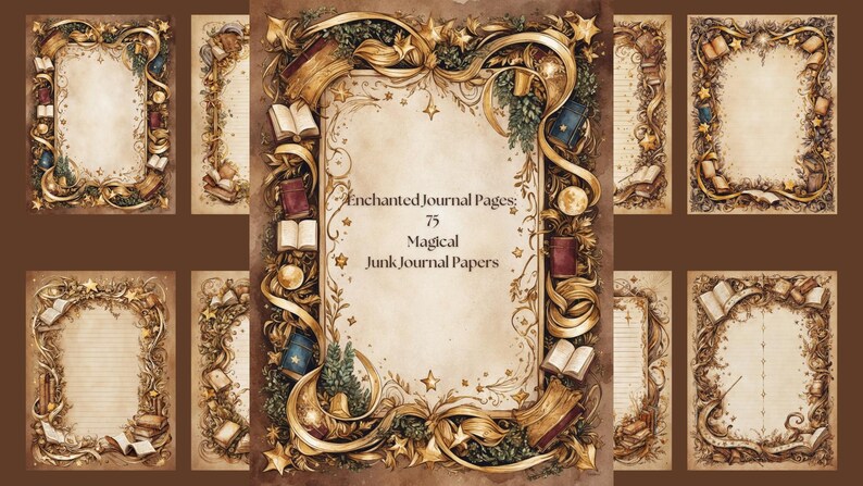 Each page is adorned with flourishes, foliage, stars, books, wands, swoops, and curvatures that transport you to a fantasy realm.
Gold Accents: A range of faded browns blends with radiant gold details, creating a sense of mystique and elegance.