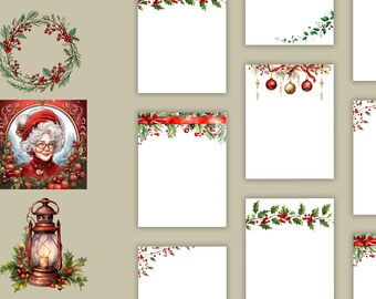 Festive Christmas Stationery Set - 5 Unique Designs and 10 Clipart Seals, Printable PDF & PNG