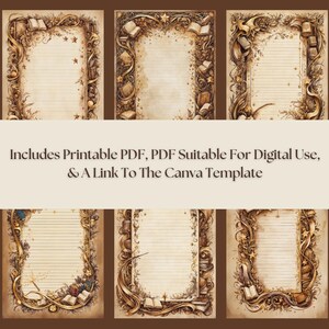 Each page is adorned with flourishes, foliage, stars, books, wands, swoops, and curvatures that transport you to a fantasy realm.
Gold Accents: A range of faded browns blends with radiant gold details, creating a sense of mystique and elegance.