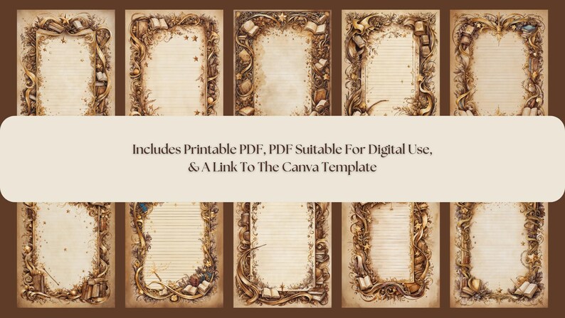 Each page is adorned with flourishes, foliage, stars, books, wands, swoops, and curvatures that transport you to a fantasy realm.
Gold Accents: A range of faded browns blends with radiant gold details, creating a sense of mystique and elegance.