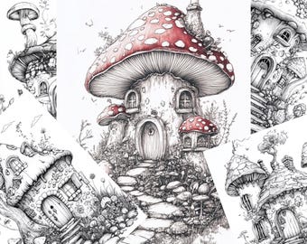 May include: A collection of five hand-drawn illustrations of whimsical mushroom houses. Each house is unique, with intricate details and a charming, fairytale-like quality. The illustrations are done in black ink with red accents.