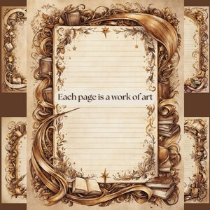 Each page is adorned with flourishes, foliage, stars, books, wands, swoops, and curvatures that transport you to a fantasy realm.
Gold Accents: A range of faded browns blends with radiant gold details, creating a sense of mystique and elegance.