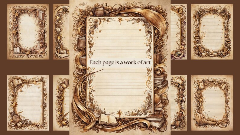 Each page is adorned with flourishes, foliage, stars, books, wands, swoops, and curvatures that transport you to a fantasy realm.
Gold Accents: A range of faded browns blends with radiant gold details, creating a sense of mystique and elegance.