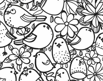 Könnte beinhalten: Schwarz-weiß-Zeichnung eines sich wiederholenden Musters aus Vögeln und Blumen. Die Vögel sind stilisiert und haben große Augen. Die Blumen sind einfach und haben fünf Blütenblätter.