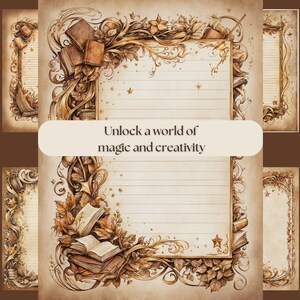 Each page is adorned with flourishes, foliage, stars, books, wands, swoops, and curvatures that transport you to a fantasy realm.
Gold Accents: A range of faded browns blends with radiant gold details, creating a sense of mystique and elegance.