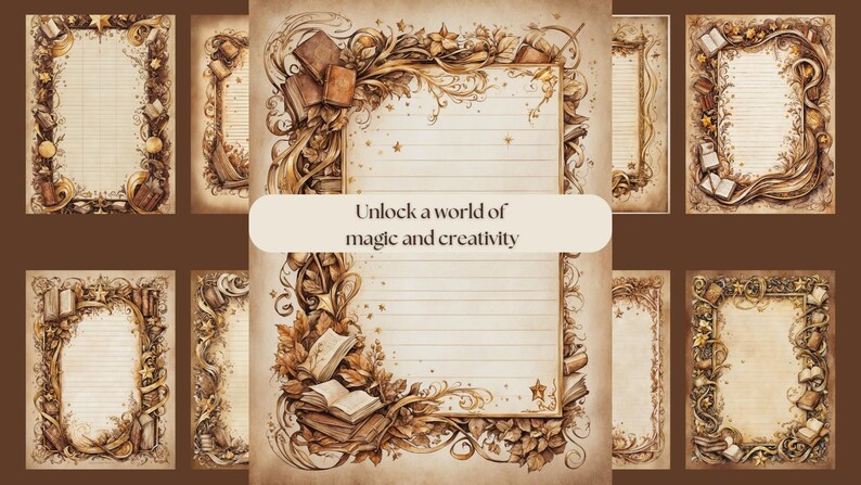 Each page is adorned with flourishes, foliage, stars, books, wands, swoops, and curvatures that transport you to a fantasy realm.
Gold Accents: A range of faded browns blends with radiant gold details, creating a sense of mystique and elegance.