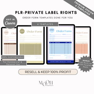 Peut inclure: Quatre modèles numériques de formulaires de commande affichés sur des tablettes. Les modèles présentent différentes palettes de couleurs, notamment marron, beige, bleu et pêche. Le texte de l'image comprend "PLR-PRIVATE LABEL RIGHTS" et "Order Form".