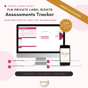 Peut inclure: Un kit d'outils de planification pour étudiants comprenant un écran d'ordinateur affichant un tableau de bord de suivi des évaluations avec des graphiques et un smartphone montrant un écran de remerciement, avec des mentions Google Sheets.