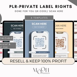 Pode incluir: Maquetes de produtos digitais com o texto "PLR-PRIVATE LABEL RIGHTS" e "SCAN HERE FOR PAYMENT". A imagem inclui o texto "EDIT IN Canva", "100% CUSTOMIZABLE" e "RESELL & KEEP 100% PROFIT". Bónus inclui maquetes e bobinas.