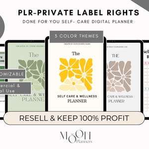 Peut inclure: Planificateur numérique de soins personnels avec trois thèmes de couleurs, personnalisable pour un usage commercial et personnel. L'image comprend le texte "PLR-PRIVATE LABEL RIGHTS" et "RESELL & KEEP 100% PROFIT". Le planificateur offre des maquettes et des bobines bonus.