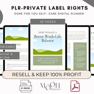 Peut inclure: Maquette de planificateur numérique avec le texte "PLR-PRIVATE LABEL RIGHTS" et "HOW TO HAVE A Better Work-Life Balance". L'image comprend le texte "EDIT IN Canva", "100% CUSTOMIZABLE" et "RESELL & KEEP 100% PROFIT".