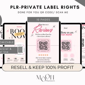 May include: Digital product templates on tablets, with text including "PLR-PRIVATE LABEL RIGHTS" and "RESELL & KEEP 100% PROFIT". The design features pink and black elements, QR codes, and the words "EDIT IN Canva". Includes bonus mock-ups.