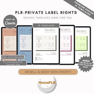 Może przedstawiać: Obraz produktu cyfrowego prezentujący szablony faktur na tabletach. Tekst zawiera "PLR-PRIVATE LABEL RIGHTS" i "INVOICE TEMPLATES DONE FOR YOU". Szablony są konfigurowalne i przeznaczone do użytku komercyjnego i osobistego. Obraz zawiera również tekst "RESELL & KEEP 100% PROFIT".