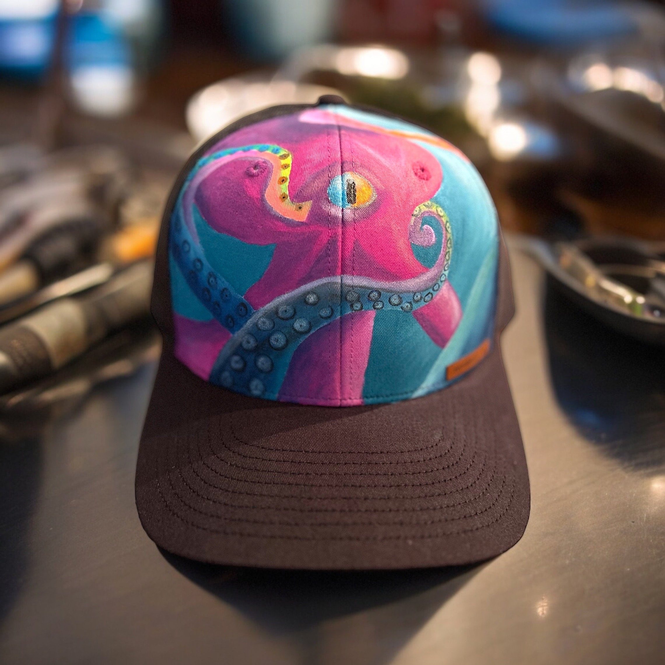 Handpainted hat custom SnapBack octopus hat Green or Blue Octopus Baseball Cap Handpainted for Adults  main image 3