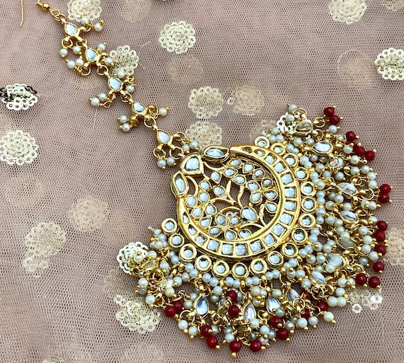Fine Indian Kundan Gold Red Green Pink White Pearl Maang Tikka
