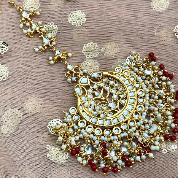 Fine Indian Kundan Gold Red Green Pink White Pearl Maang Tikka / Sabyasachi Inspired / Indian Bridal Jewelry / Punjabi Jewelry / Bollywood