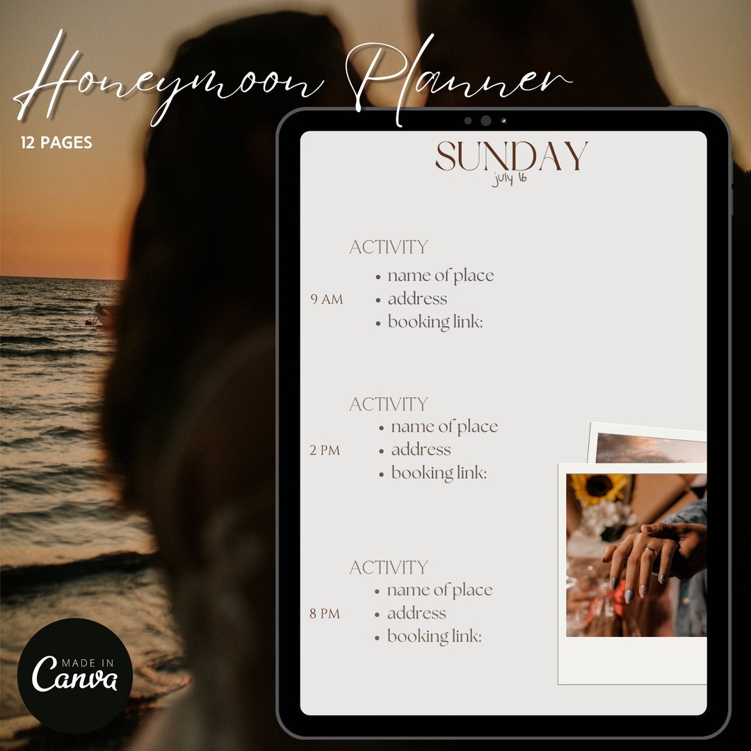 12 Pages Honeymoon Planner, Honeymoon Digital Itinerary, Travel