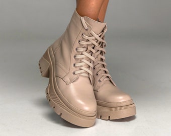 Beige Leather High-Top Boots with Fur Lining Handcrafted. Beige Leather Shoes. Woman's leather shoes. High-Top Boots.