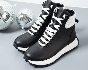 Handcrafted Black Leather Winter Sneakers with Fur Lining. Black leather boots. Woman shoes. Winter shoes.