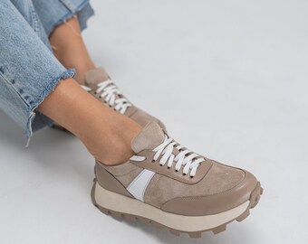 Handmade Women's Leather and Suede Sneakers in Beige and Black