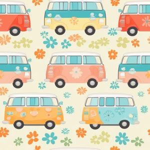 May include: A seamless pattern featuring colorful vintage vans with flower designs on a light yellow background.