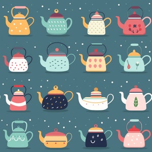 May include: A pattern of 16 colorful teapots with various designs and colors on a teal background. The teapots are arranged in four rows of four.