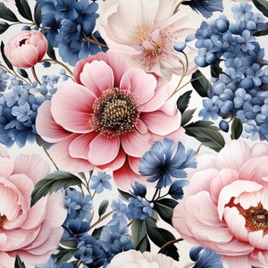 May include: A floral pattern featuring pink, white, and blue flowers. The flowers are arranged in a repeating pattern on a white background.