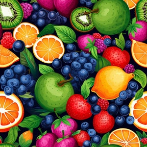 Puede incluir: Un patrón sin costuras que presenta una variedad de frutas, incluyendo kiwi, limones, naranjas, manzanas y fresas. El fondo es azul oscuro con hojas verdes y uvas moradas.