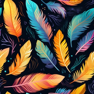 Könnte beinhalten: Ein nahtloses Muster aus bunten Federn in Orange-, Gelb-, Blau- und Rosatönen auf dunklem Hintergrund. Die Federn haben detaillierte Texturen und sind in einem verstreuten, künstlerischen Design angeordnet. Das Gesamtthema ist lebendige, natürliche Schönheit.