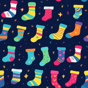 以下が含まれることがあります： 濃い青色の背景に、カラフルな靴下のシームレスなパターン。 靴下は、黄色、ピンク、青、緑の色合いで、ストライプ、水玉模様、ハートなど、さまざまなデザインが特徴です。 小さな星と十字の形がデザイン全体に散らばっています。