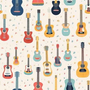 Może przedstawiać: Wzór bez szwów z kolorowymi gitarami akustycznymi o różnych wzorach i wzorach. Gitary są ułożone w powtarzający się wzór na kremowym tle.